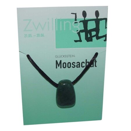 Zwilling Sternzeichen Karte  21.05. - 21.06.Glücksstein Moosachat gebohrt