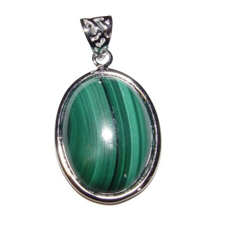 Malachit Anhänger oval in silberfarbenem Metall gefasst Größe: S ca. 25x18 mm
