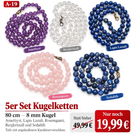 5er Set Kugelketten 80 cm mm Kugel Amethyst Rosenquarz Sodalith Bergkristall und Lapis Lazuli