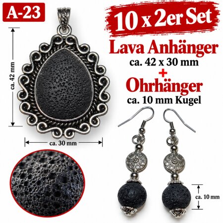 10 x 2er Set Lava Anhänge rca. 42x30 mm + Ohrhänger ca. 10mm Kugel