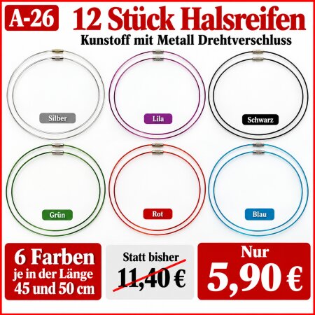 12 Stück Halsreifen Kunststoff mit Metall Drehtverschluss 6 Farben je 45 und 50mm