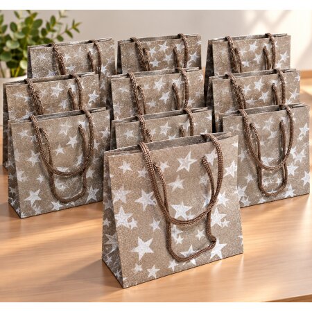 10 er Set Geschenktüten Weihnachtstüten Tüten Sterne silber glänzend 16x8x16cm