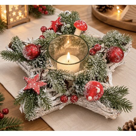 Weihnachtskranz Weiden Stern Kranz Kugeln Tannen Schnee + Kerzenhalter Glas
