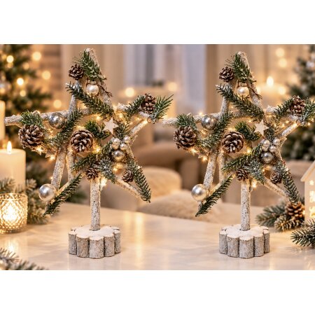 2er Set Deko Holz Stern Silber Kugeln Tanne Schnee Glitzer ca. 40x30cm