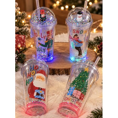 4 x Mehrweg Kunststoff Trinkbecher Becher mit Strohhalm LED Licht Weihnachten