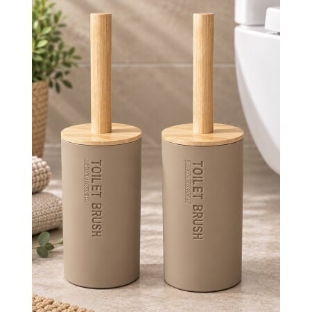 2er Set Toilettenbürste WC Bürste Bambus Deckel  Kunststoff Behälter taupe