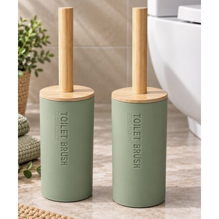 2er Set Toilettenbürste WC Bürste Bambus Deckel  Kunststoff Behälter Salbei grün