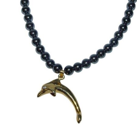 Hämatit Kette Kugel 6 mm Länge 45 cm mit Karabinerverschluss Delphinanhänger