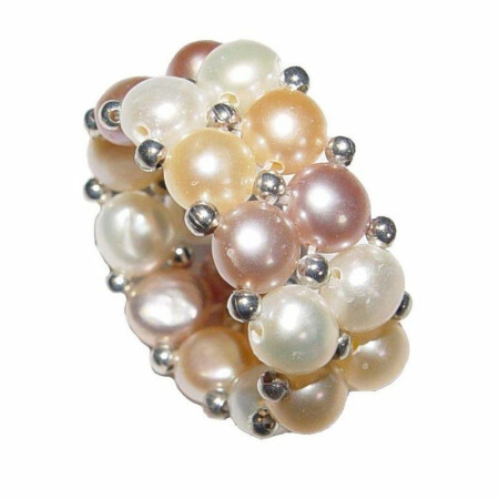 Ring Perle mehrfarbig Pastell zweireihig Süßwasser Perle Natur One Size auf Gummi aufgezogen