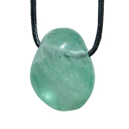 Fluorit grün Anhänger flacher Trommmelstein ca. 30 x 20 mm in Tropfen Form mit Bohrung ca. 2,5 mm