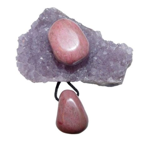 3er SET Rhodonit Trommelstein Anhänger mit Band und Rhodonit Trommelstein und Amethyst Drusen Stück