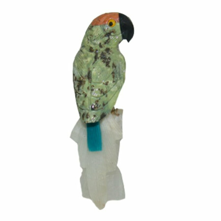 Serpentin Papagei auf Calcit Sockel Handarbeit aus Peru ca. 100 mm