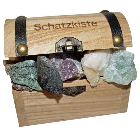 Schatzkiste gefüllt mit verschiedenen Natur Mineralien ideal für jeden Schatzsucher