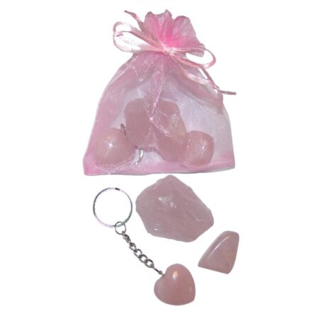 Rosenquarz 3er Geschenk give away Set 1x Rohstein 1 x Herz Schlüsselanhänger 1 x Trommelstein