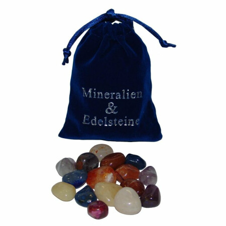 100 Gramm Trommelsteine bunt in blauem Samtbeutel Aufschrift Mineralien & Edelsteine Ideal als Give away /Geschenk
