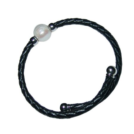 Leder Armband / Reif schwarz geflochten mit Süßwasser...