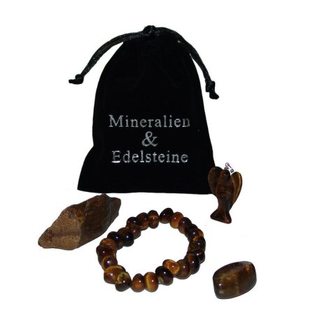 Tigerauge Geschenk Set 4 teilig je 1x Armband / Engel Anhänger /  Rohstein / Trommelstein in schwarzem Samtbeutel