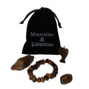 Tigerauge Geschenk Set 4 teilig je 1x Armband / Engel Anhänger /  Rohstein / Trommelstein in schwarzem Samtbeutel