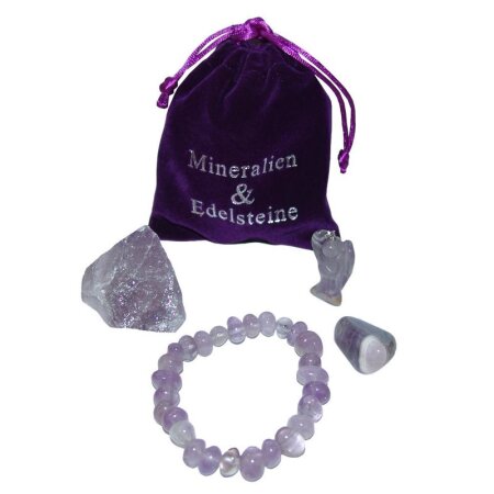 Amethyst Geschenk Set 4 teilig je 1x Armband / Engel Anhänger /  Rohstein / Trommelstein in lila Samtbeutel