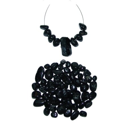Schwarzer Turmalin Schörl Kreativ Schmuck Bastel Set gebohrte Trommelsteine u. 1 Roh Anhänger incl. Stahlband