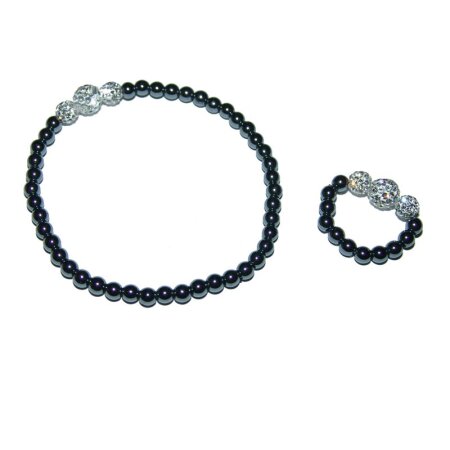 Hämatit 2er Schmuckset 1x 4mm Kugelarmband mit 3 Strasskugeln,1x 4mm Kugel Ring mit 3 Strasskugeln