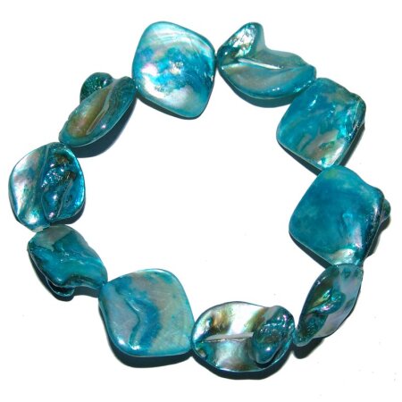 Perlmutt Muschel Armband Free Form blau gefärbt ca. 19 - 20 cm , Muscheln ca. 15 - 20 mm auf Strechband