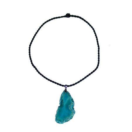 Achatscheibe blau gefärbt mit Clip ca. 60 - 90 mm an Baumwoll Kette ca. 45 cm