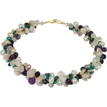 Funk-Collier Süsswasser Zuchtperlen Kette mit Edelsteinen: Türkis, Amethyst, Rosenquarz, Bergkristall