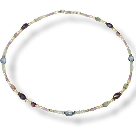 Funk-Collier Edelstein Kette, Amethyst, Fluorit, Pyrit und SW Zuchtperlen, 925oo Silber, ca. 44 cm