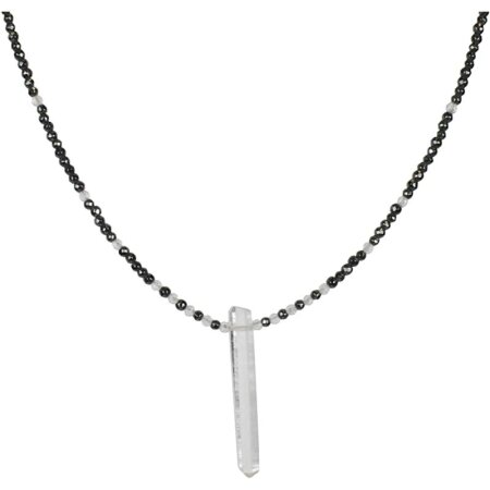 Funk-Collier Edelstein Kette - mon Petit - Hämatit facettiert mit Bergkristall Spitze, 925oo Silber, verstellbar