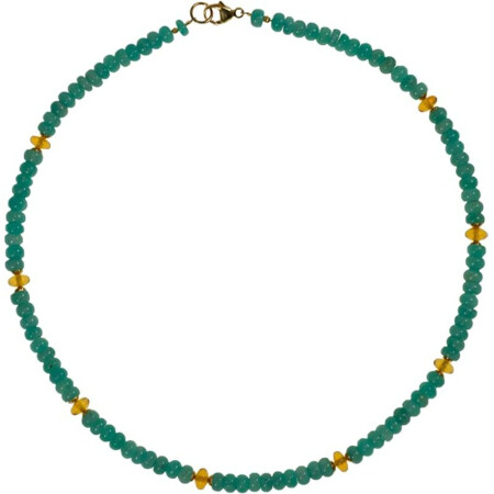 Funk-Collier Amazonitkette mit Bernstein, 925oo Silber vergoldet, ca. 46 cm