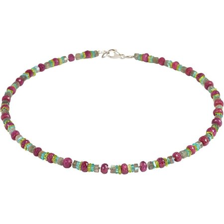 Funk-Collier Edelstein Kette Rubin, Labradorit, Apatit und Peridot, Silber, ca. 46 cm