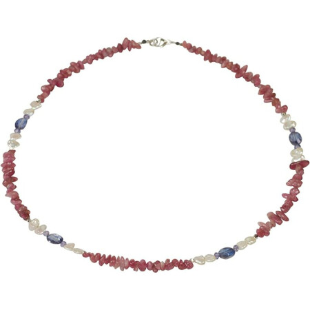 Rosa Turmalin (Rubelith) mit Keshi Perlen und Bergkristall beh, 925oo Silber, ca 43 cm
