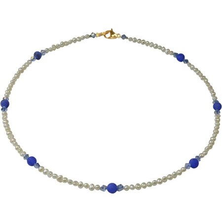 Funk-Collier Süsswasser Zuchtperlen Kette Damen mit blauem Achat, ca. 44 cm, verg. Karab.