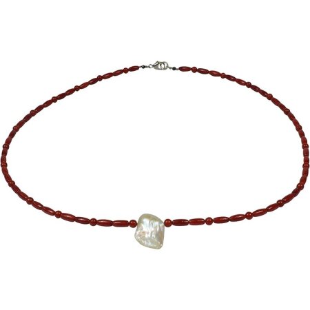 Funk-Collier Rote Bambus Korallen Kette mit Blisterperle Naturform, Länge: ca. 46.5 cm, Damen