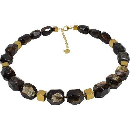Funk-Collier Edelsteinkette Muskovit mit vergoldetem Hämatit, 925oo SI Schloß, ca. 44-50 cm