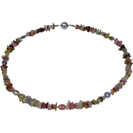 Funk-Collier Edelstein Kette Turmalin, Bergkristall beh, Magnetschloss, ca. 44 cm, Damen