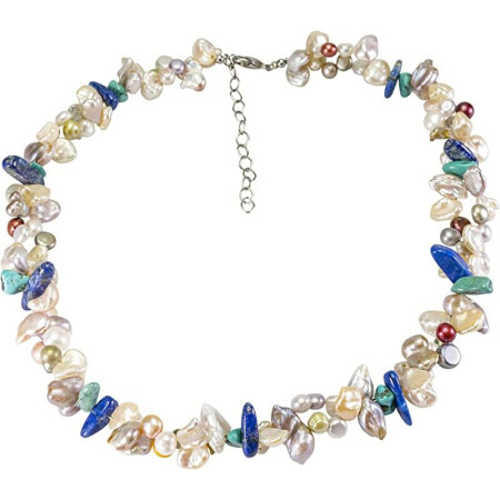 Blütencollier Süsswasser Zuchtperle, Lapis Lazuli, Türkis, ca. 42-48 cm, Silber
