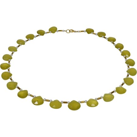 Edelsteincollier Gold-Serpentin, Muschelkernperle, Silber verg. Schloß, Damen, ca. 43.5 cm