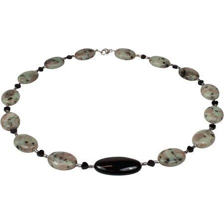Lotus Achat, schwarzer Achat und Schörl Herzen, 925oo Silber Schloss, ca. 49 cm