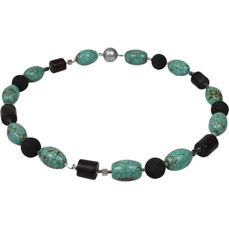 Edelsteinschmuck Howlith-Türkis, Lavastein, Onxy, Magnetschloss, ca. 45 cm