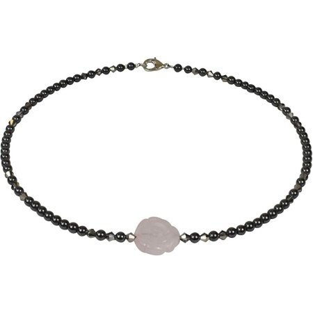 Funk-Collier Edelsteinkette Hämatit mit Rosenquarz Rose, ca. 43.5 cm, Damen