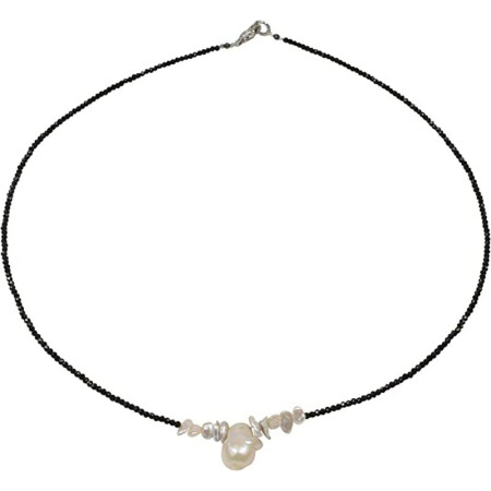 Funk-Collier Schwarzer Spinell fac, Tropfen Perle, 925oo Silber Schloss, ca. 44.5 cm