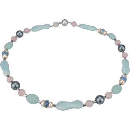 Funk-Collier Edelsteinkette Amazonit, Rosenquarz, MKP, SW. Zuchtperle, Magnetschloss, ca. 47.5 cm