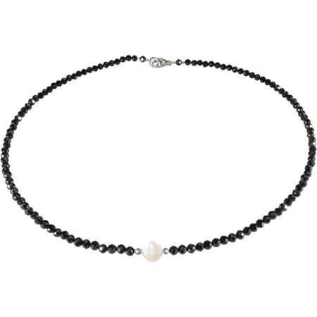 Funk-Collier Schwarzer Spinell, Süsswasser Zuchtperle, ca. 46.5 cm, Damen, SI Schloß